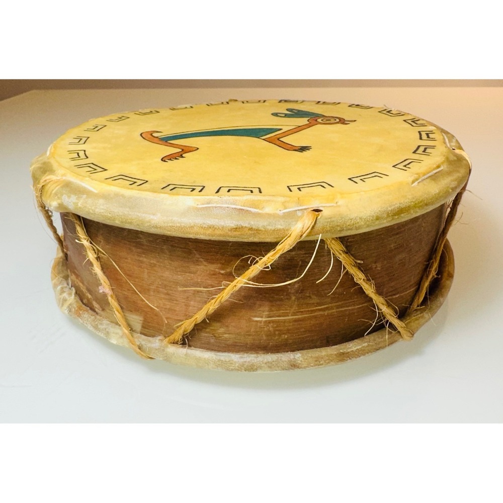 Vintage Native American Style Hand Painted Rawhide Wood Drum 8.5" Southwest Art